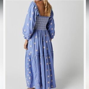 Blue Smocked Puff Sleeve Floral Daisy Print - Long Sleeve Maxi Dress